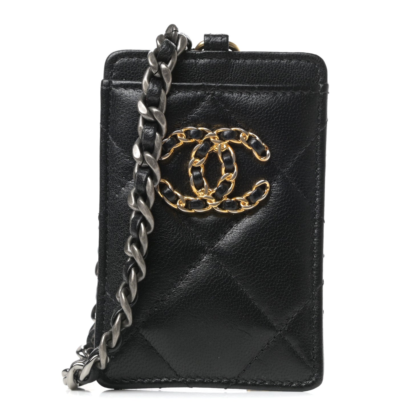Goatskin Quilted Chanel 19 Card Holder On Chain Black
