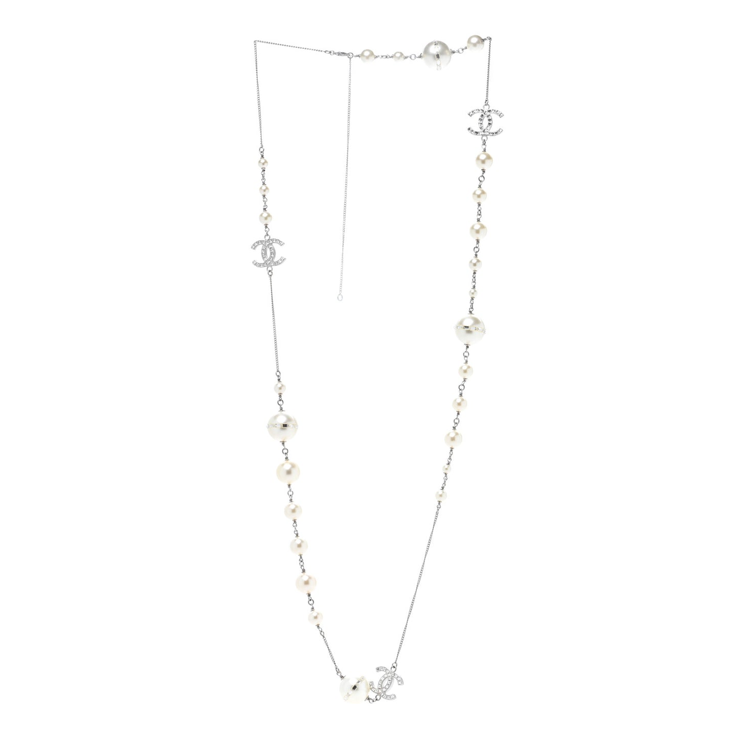 Baguette Crystal Pearl CC Long Necklace Silver