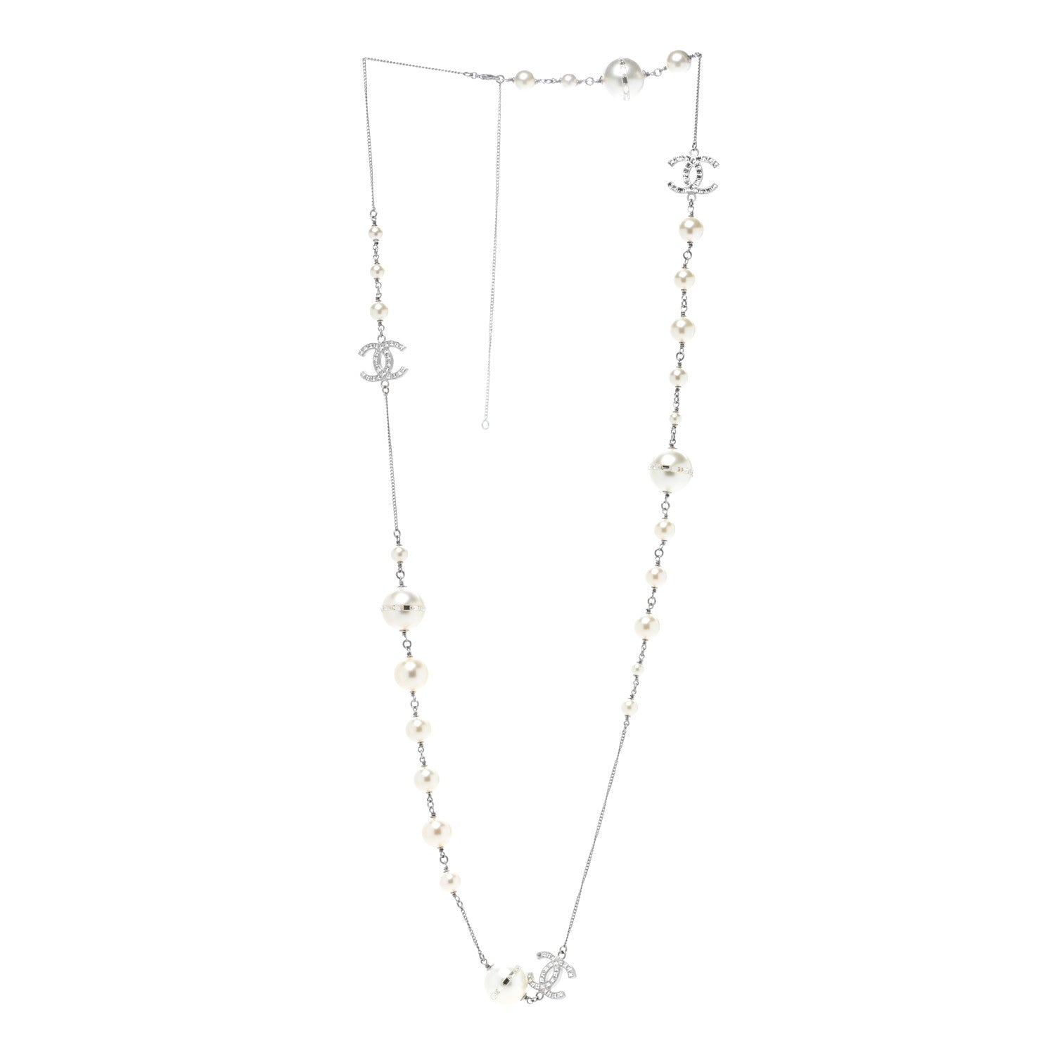 Chanel Baguette Crystal Pearl CC Long Necklace Silver 3 of 8
