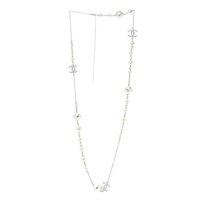 Chanel Baguette Crystal Pearl CC Long Necklace Silver 3 of 8