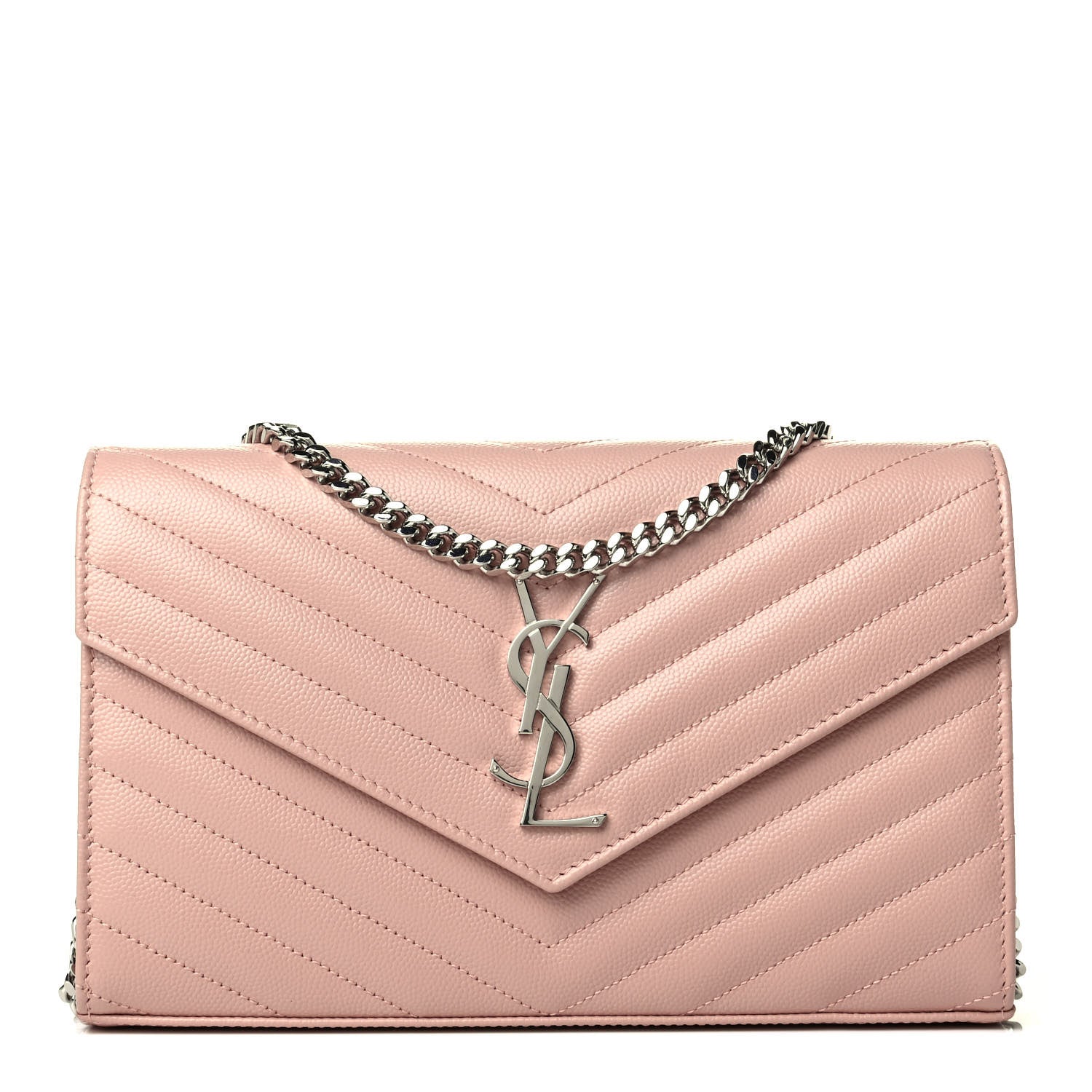 Saint Laurent Grain De Poudre Matelasse Chevron Monogram Chain Wallet Pale Pink 1 of 5