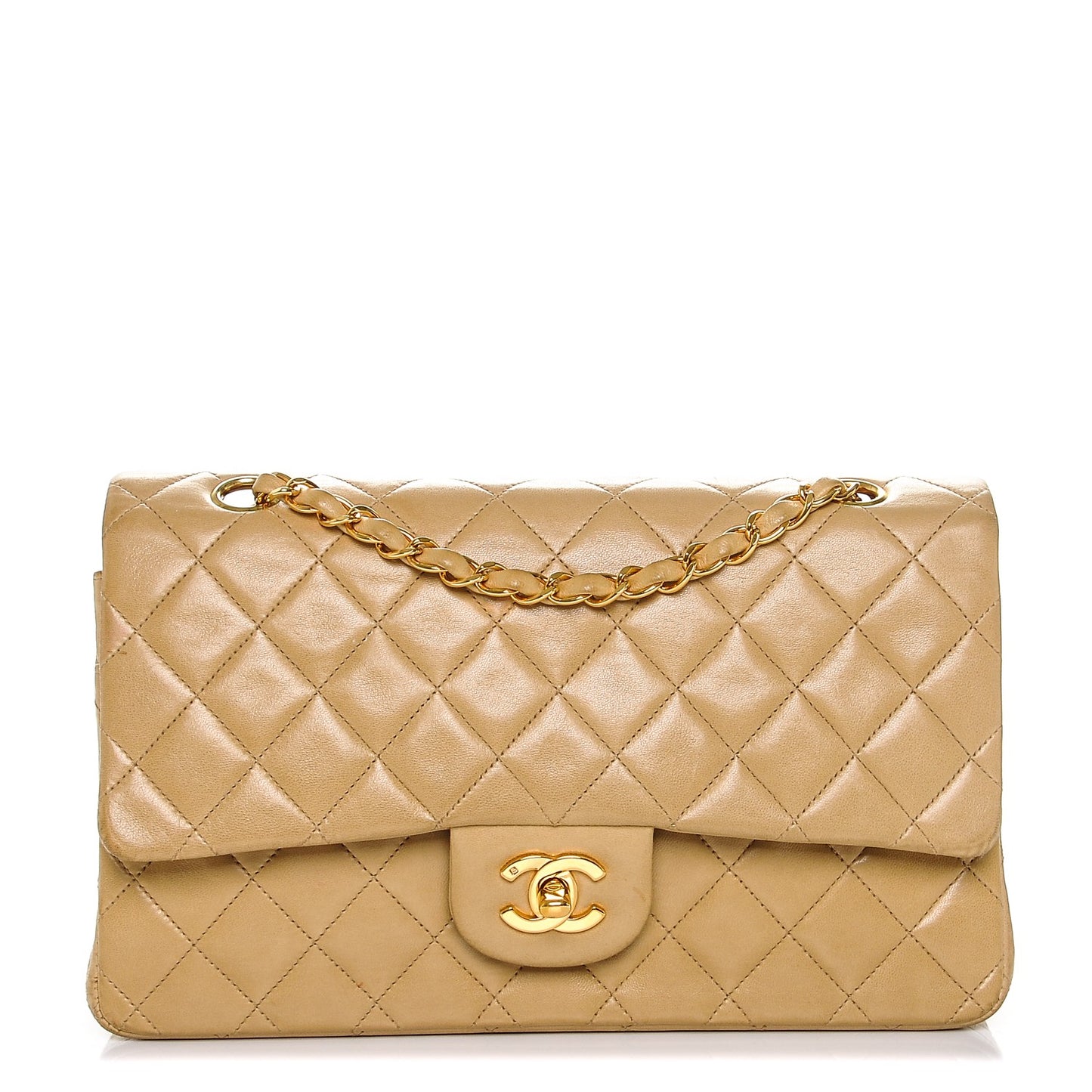Lambskin Quilted Medium Double Flap Beige