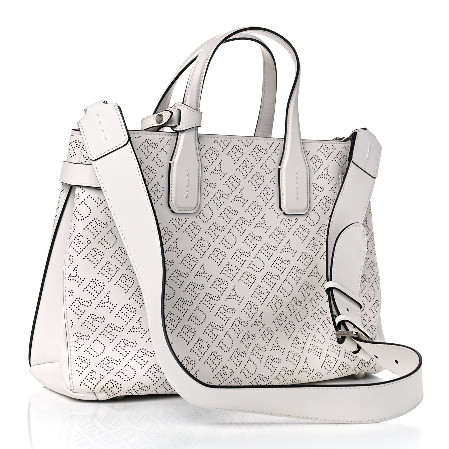 Calfskin Perforated Medium Banner Tote Chalk White