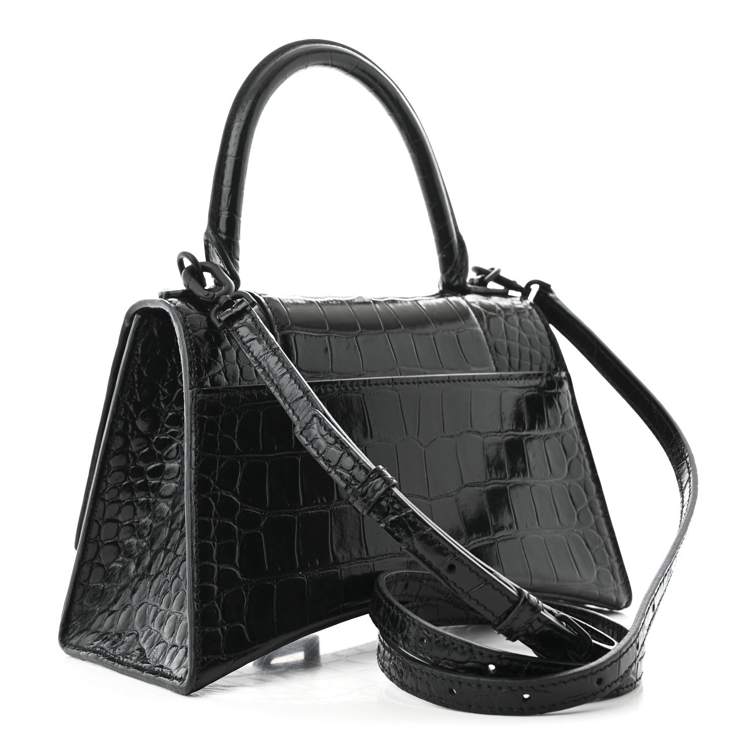 Balenciaga Shiny Calfskin Monochrome Crocodile Embossed Small Hourglass Top Handle Bag Black 3 of 10