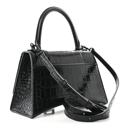 Balenciaga Shiny Calfskin Monochrome Crocodile Embossed Small Hourglass Top Handle Bag Black 3 of 10