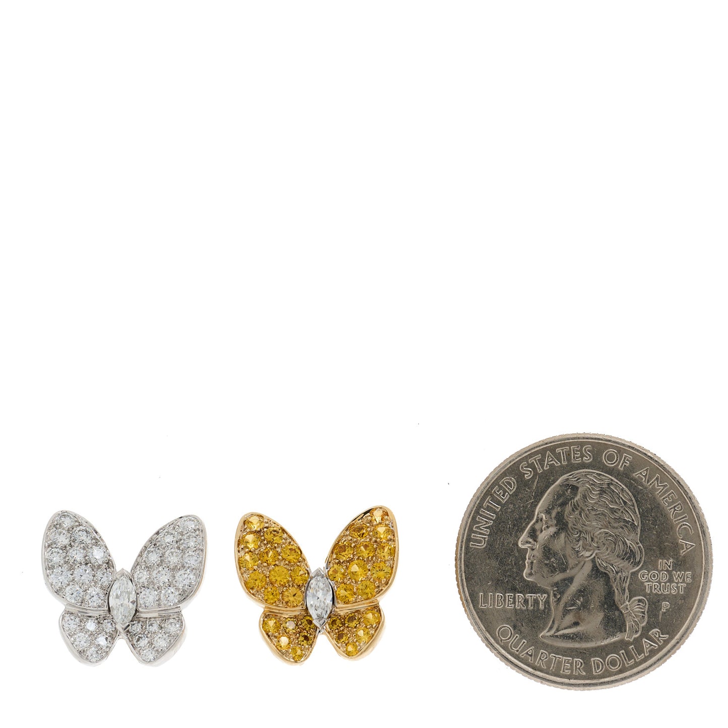 18K Yellow White Gold Diamond Yellow Sapphire Two Butterfly Clip On Earrings