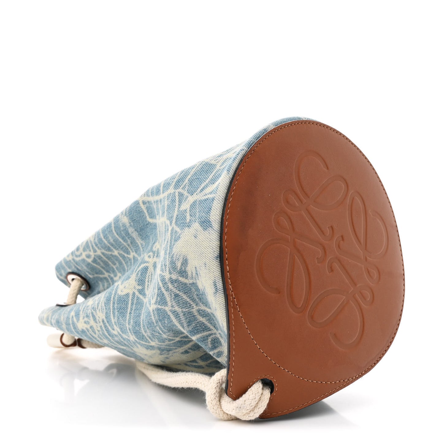Denim Calfskin Mermaid Print Paula's Ibiza Bucket Bag Blue Tan