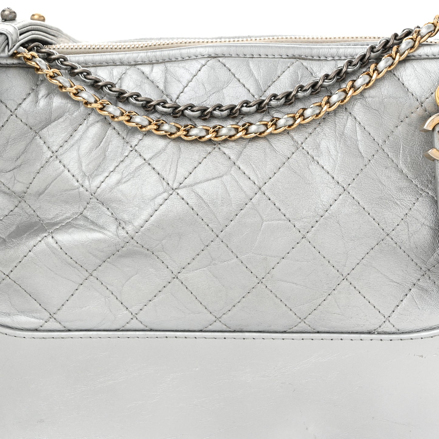 Metallic Aged Calfskin Quilted Medium Gabrielle Silver