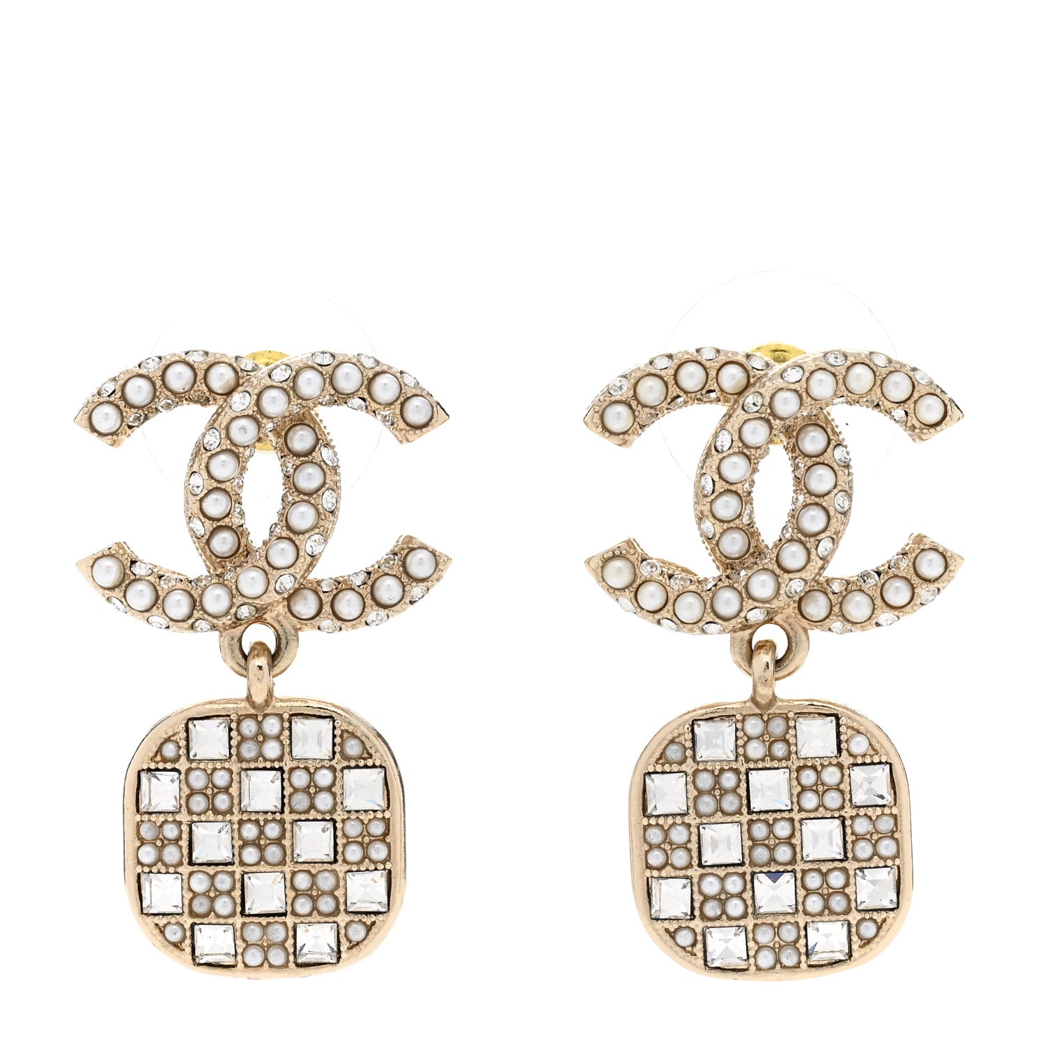 Chanel Pearl Baguette Crystal CC Drop Earrings Gold 1 of 5