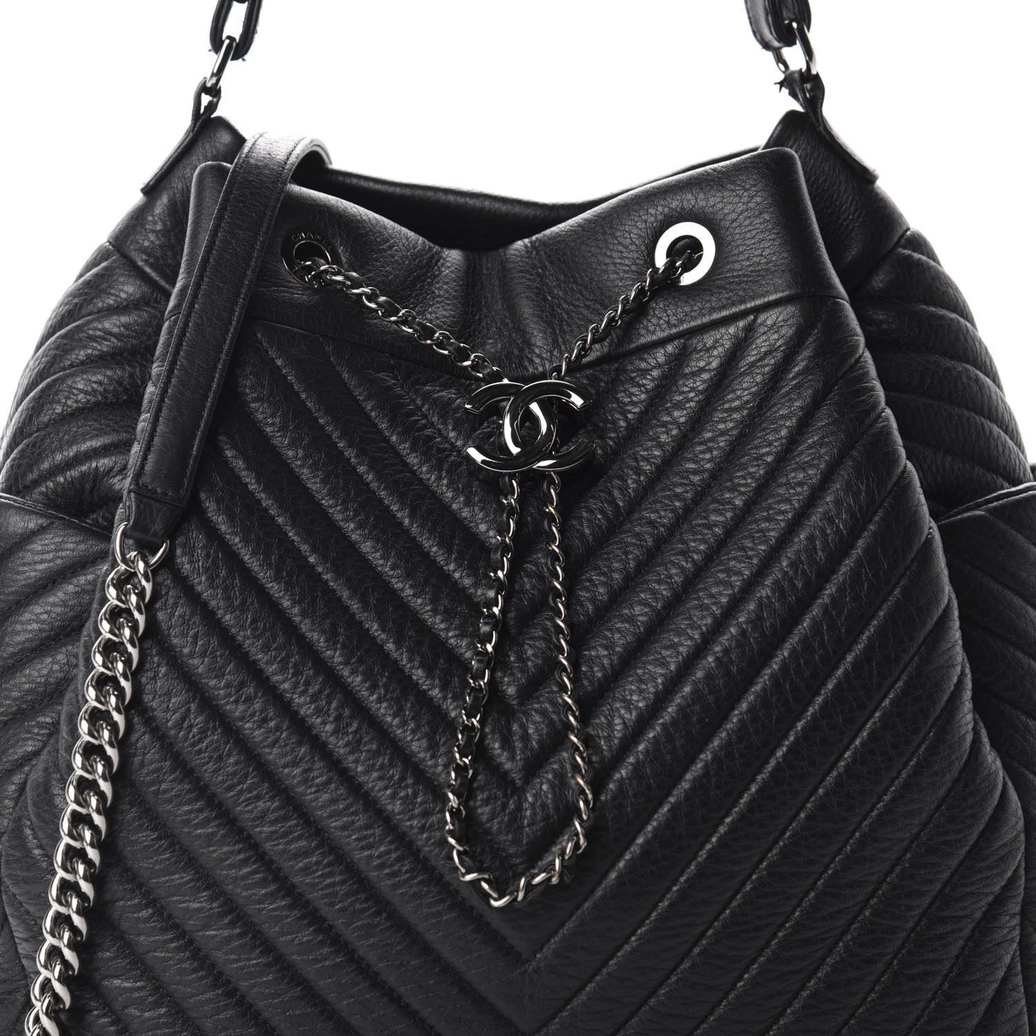 Chanel Deerskin Chevron Large CC Chain Bucket Drawstring Bag Black 10 of 10