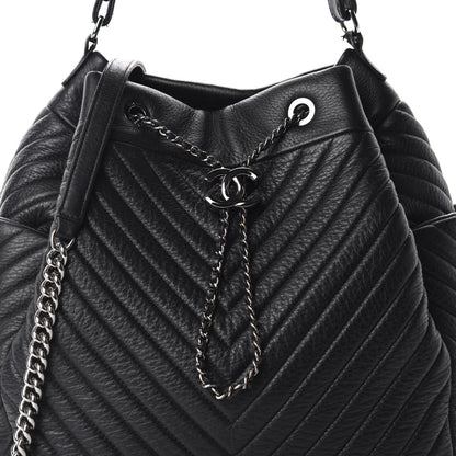 Chanel Deerskin Chevron Large CC Chain Bucket Drawstring Bag Black 10 of 10