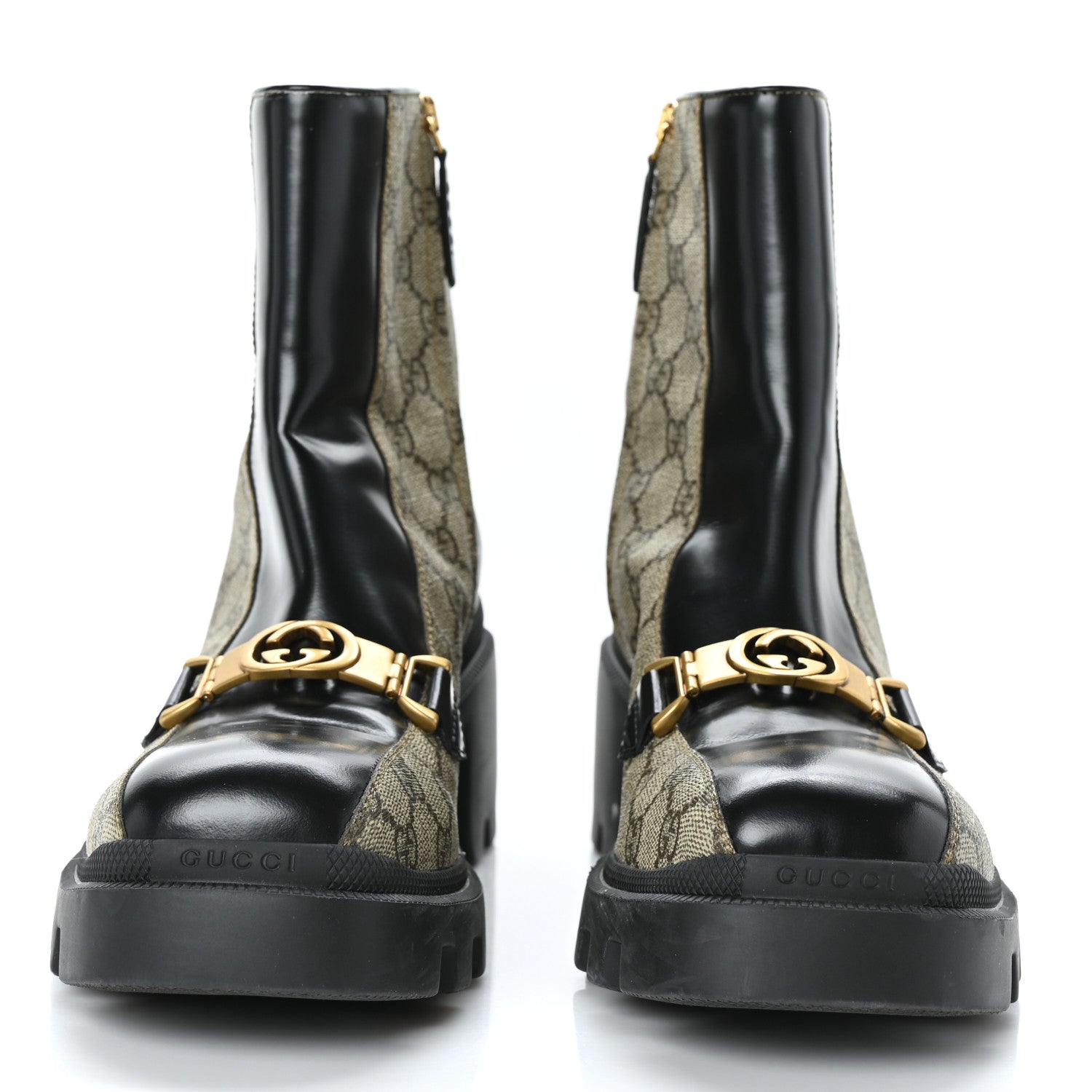 Gucci GG Supreme Monogram Magnum Calfskin Interlocking G Womens Lug Sole Ankle Boots 41 Beige Ebony Black 3 of 8