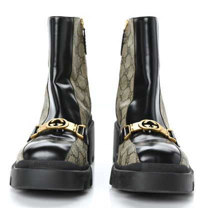 Gucci GG Supreme Monogram Magnum Calfskin Interlocking G Womens Lug Sole Ankle Boots 41 Beige Ebony Black 3 of 8