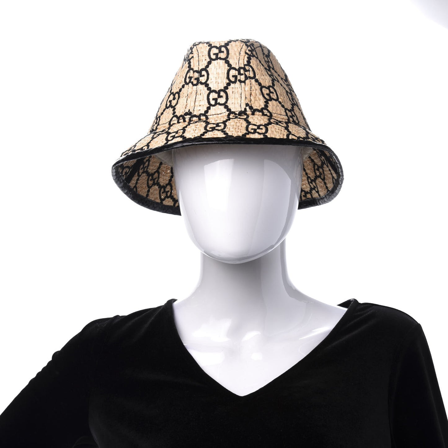 Raffia Elaphe GG Monogram Embroidered Fedora Hat M Ivory Black
