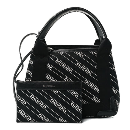 Balenciaga Cotton Canvas Calfskin Logo Print Navy Cabas XS Black White 1 of 11