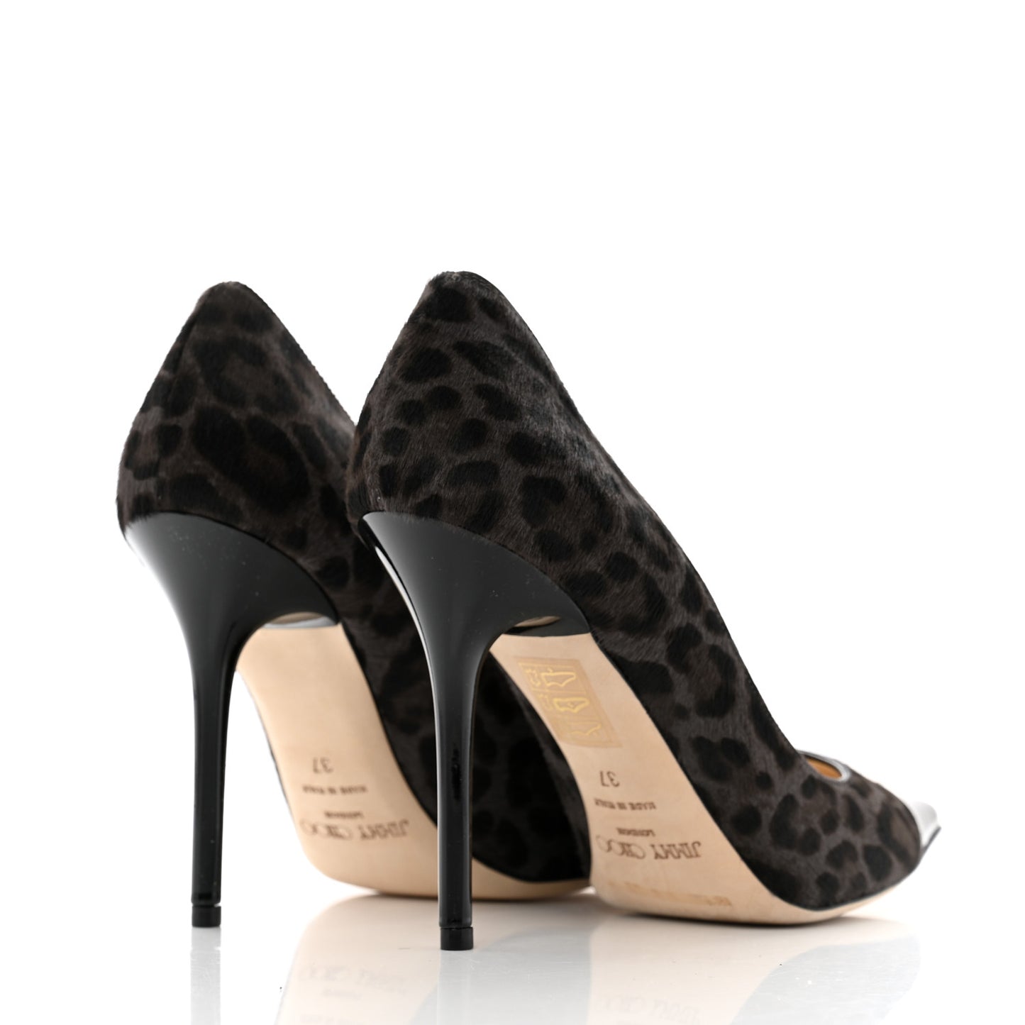 Pony Hair Patent Calfskin Leopard Print Mika 85 Cap Toe Pumps 37 Smoke Black