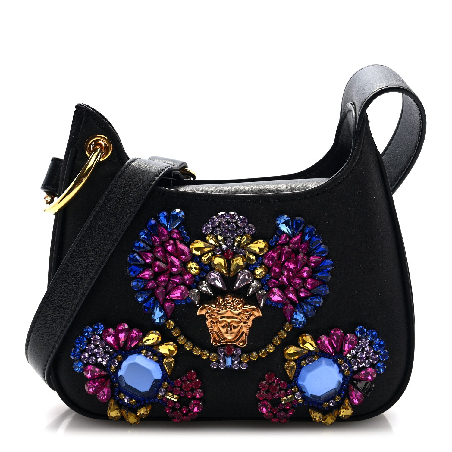 Versace Satin Crystal Embellished La Medusa Mini Hobo Bag Black Multicolor 1 of 9