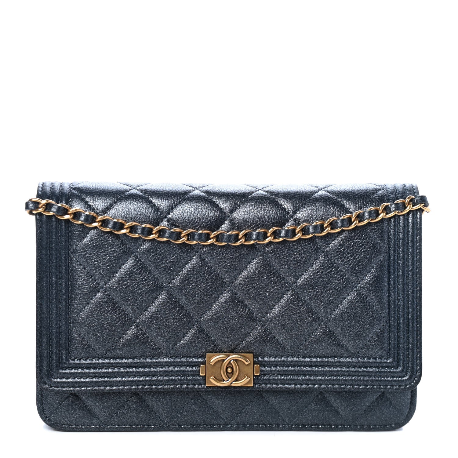 Chanel Metallic Calfskin Quilted Boy Wallet On Chain WOC Charcoal 1 of 4