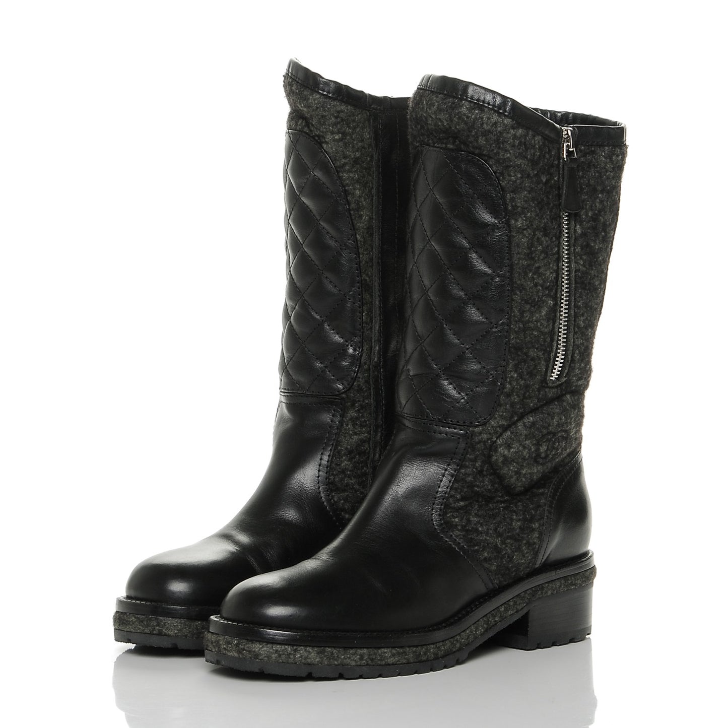 Wool Calfskin Quilted Biker Boots 36.5 Black