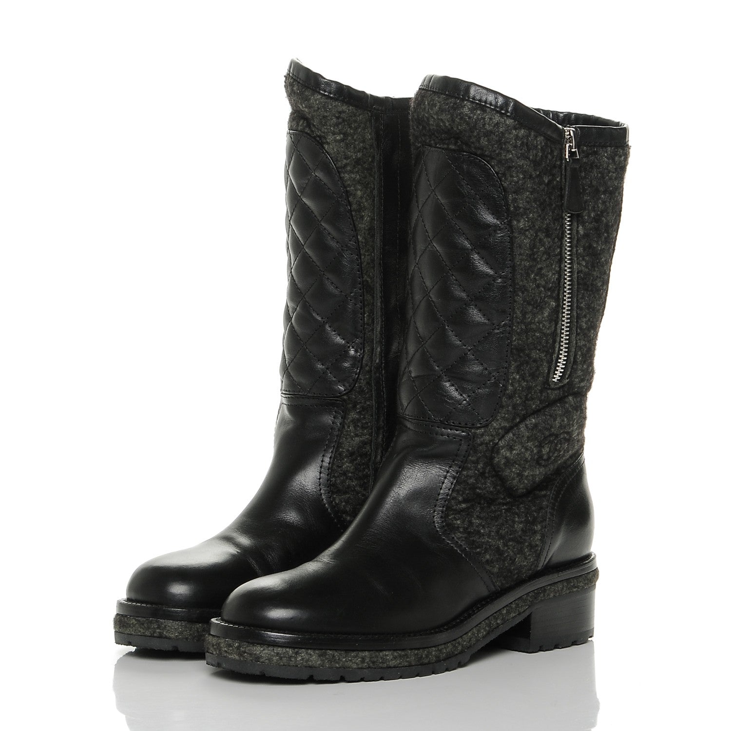 Chanel Wool Calfskin Quilted Biker Boots 36.5 Black 3 of 7