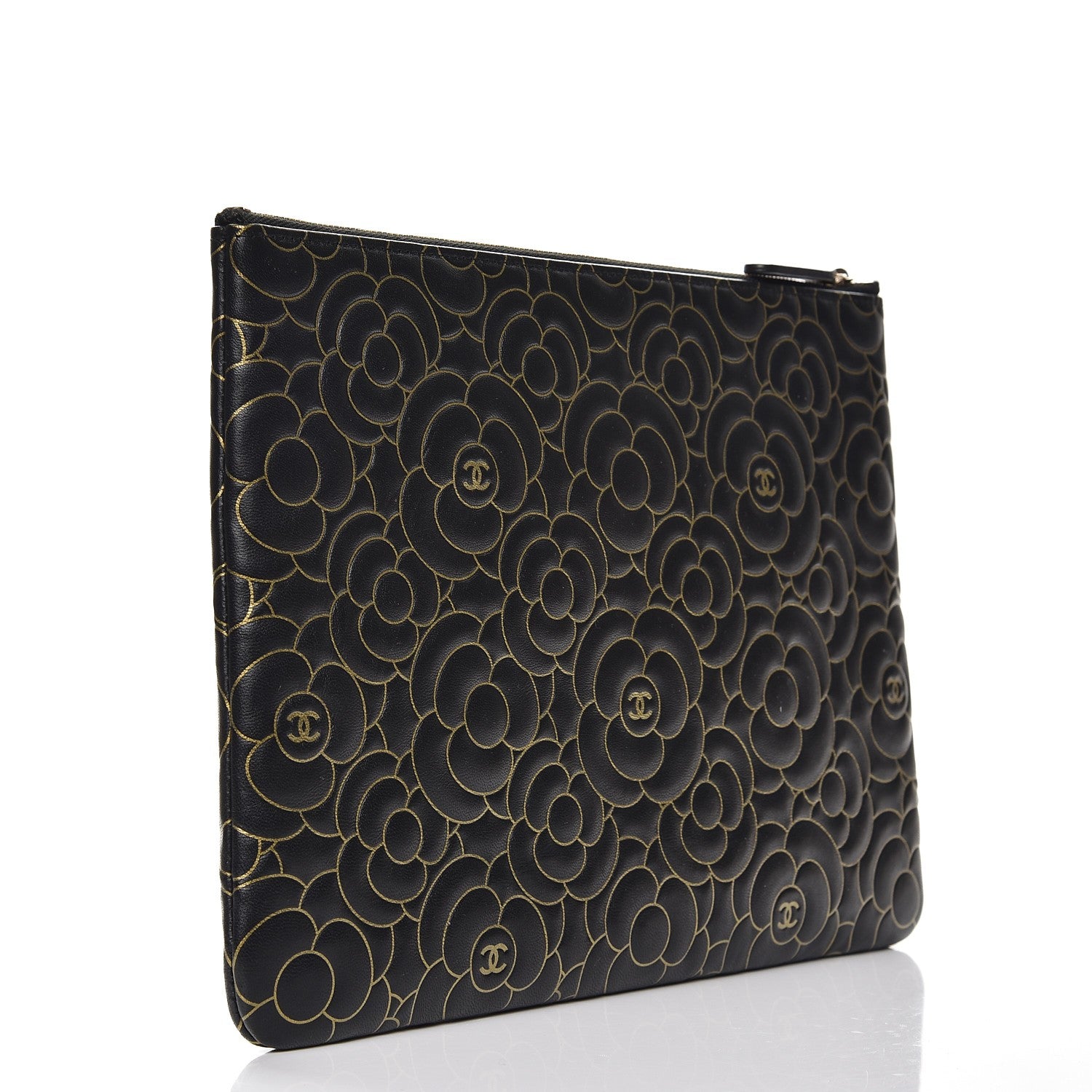 Chanel Lambskin Camellia Embossed Medium Cosmetic Case Black Gold 3 of 8