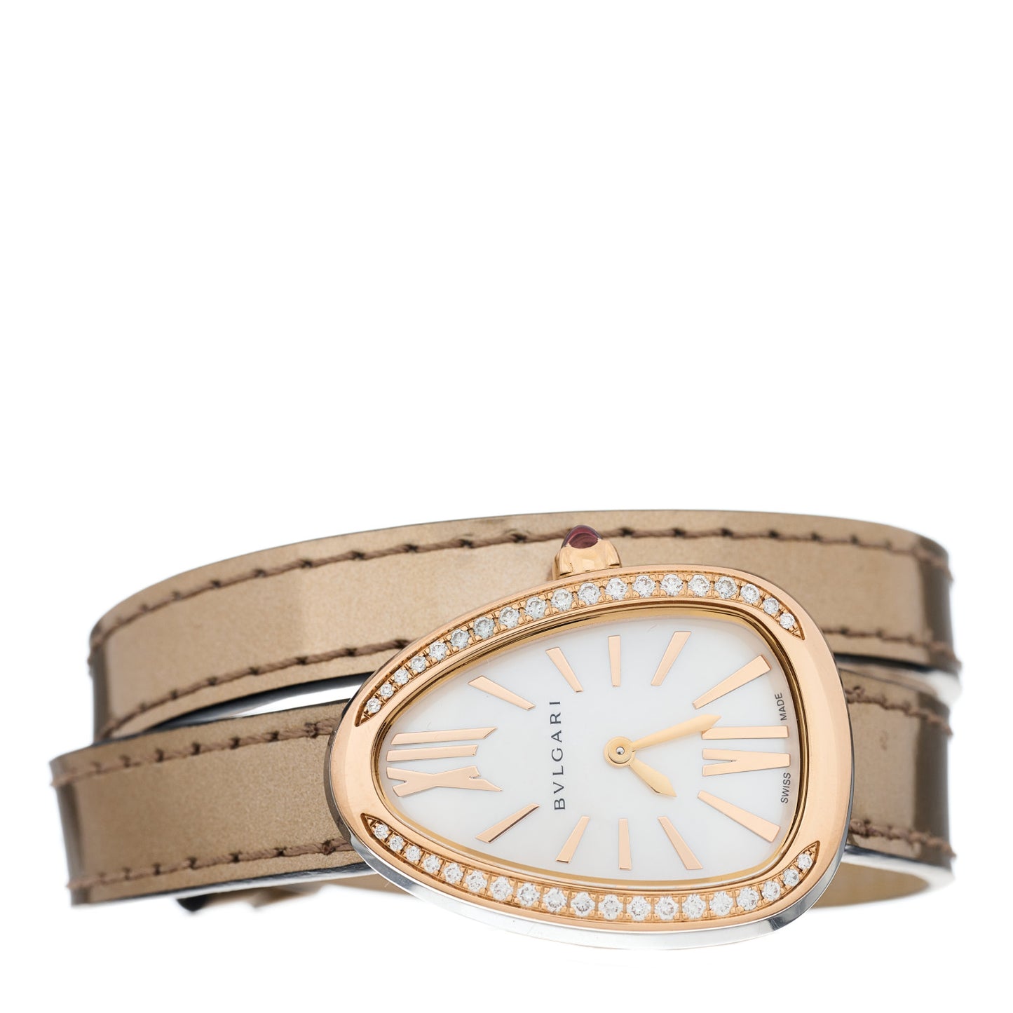 Stainless Steel 18K Rose Gold Patent Diamond Bezel Mother of Pearl 20mm Serpenti Double Wrap Quartz Watch