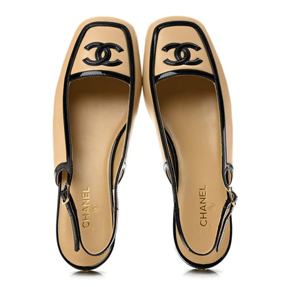 Chanel Lambskin Patent Calfskin CC Slingback Sandals 39 Beige Black 2 of 9