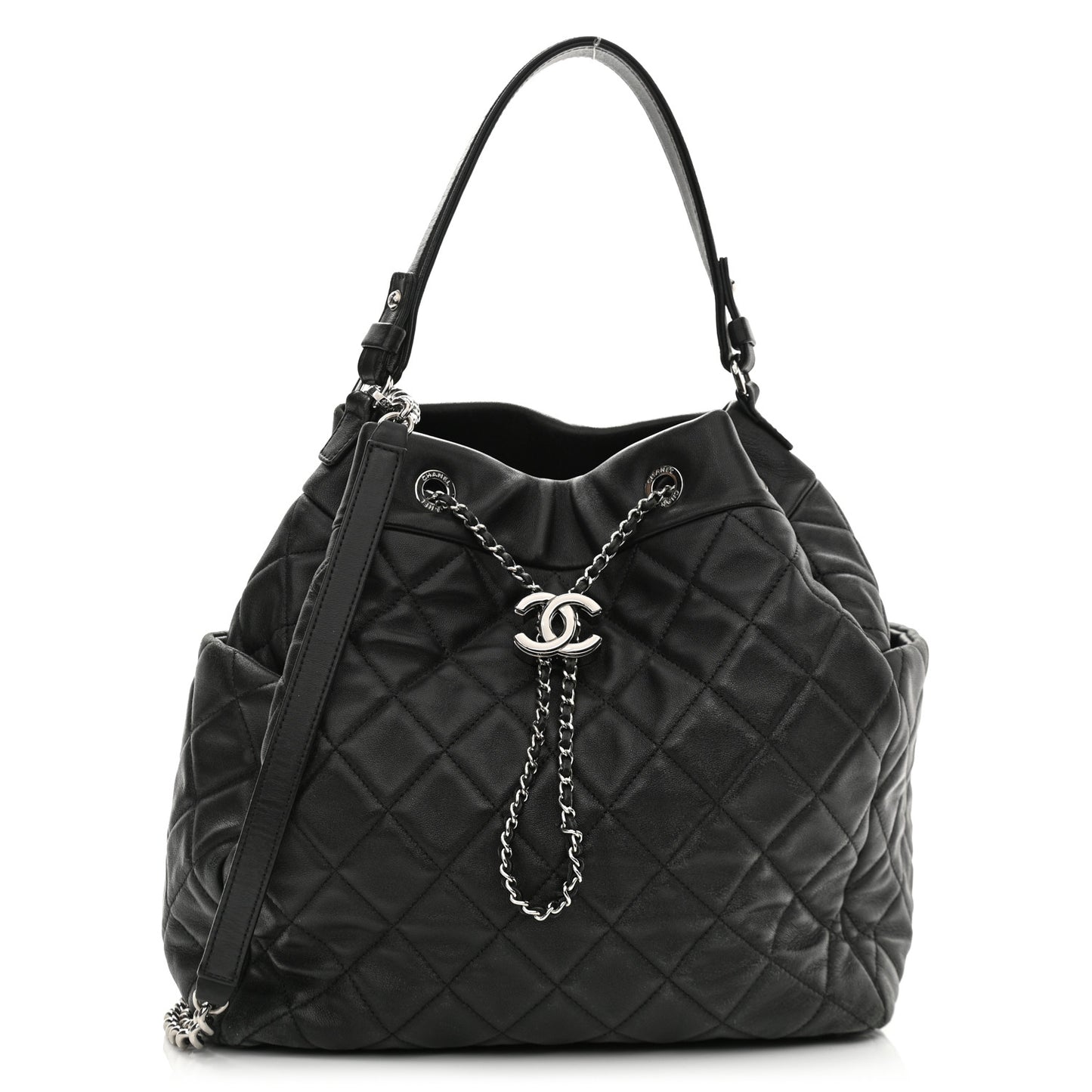 Lambskin Quilted CC Chain Bucket Bag Black