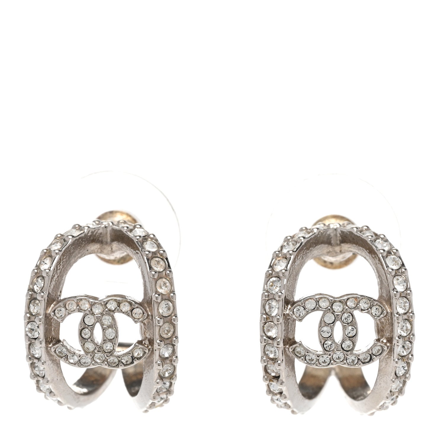 Chanel Crystal Strass CC Double Hoop Earrings Silver 1 of 5