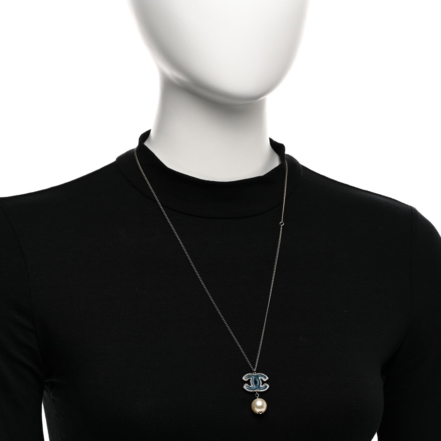 Chanel Enamel CC Pearl Drop Necklace Blue Silver 2 of 6