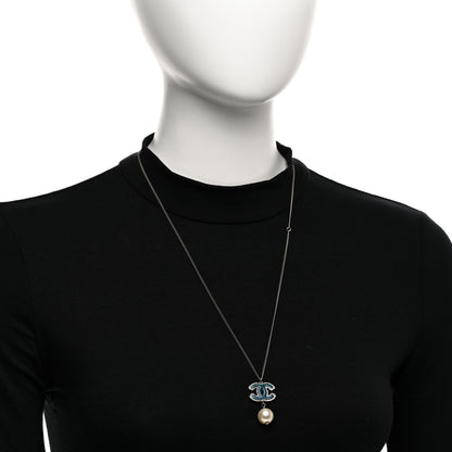 Chanel Enamel CC Pearl Drop Necklace Blue Silver 2 of 6