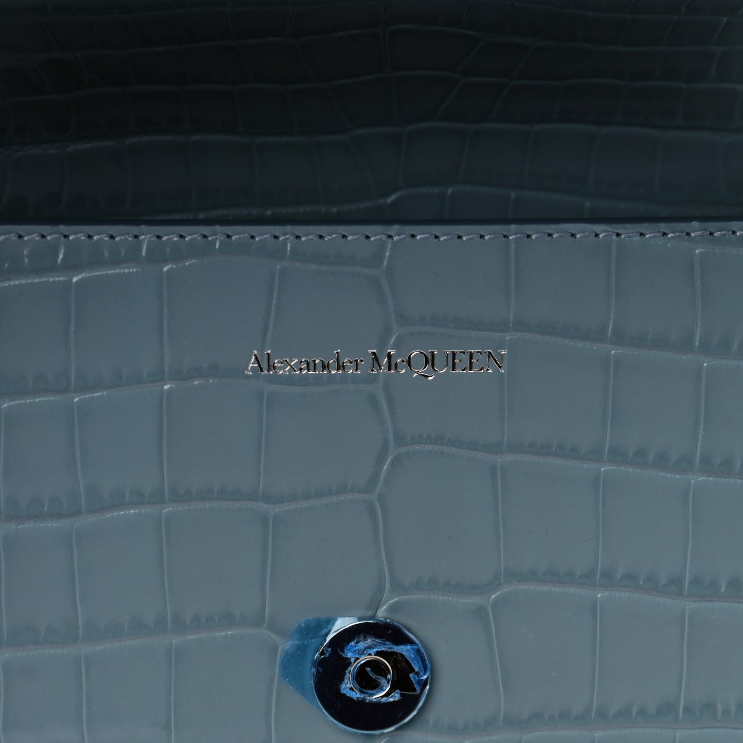 Shiny Crocodile Embossed Jeweled Satchel Blue Grey