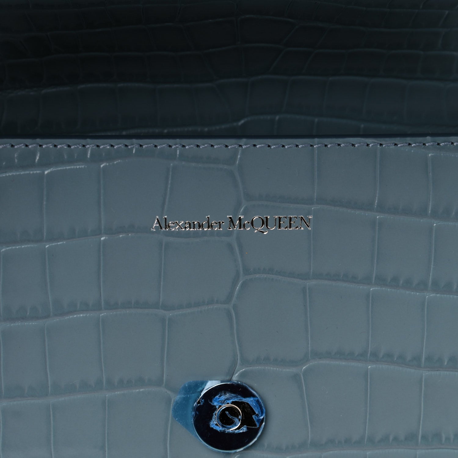 Alexander McQueen Shiny Crocodile Embossed Jeweled Satchel Blue Grey 8 of 17