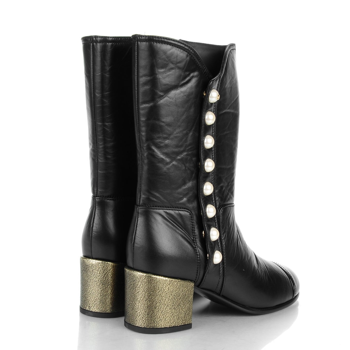 Calfskin Patent Pearl Cap Toe Boots 39 Black