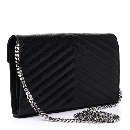 Saint Laurent Grain De Poudre Matelasse Chevron Monogram Chain Wallet Black 3 of 10