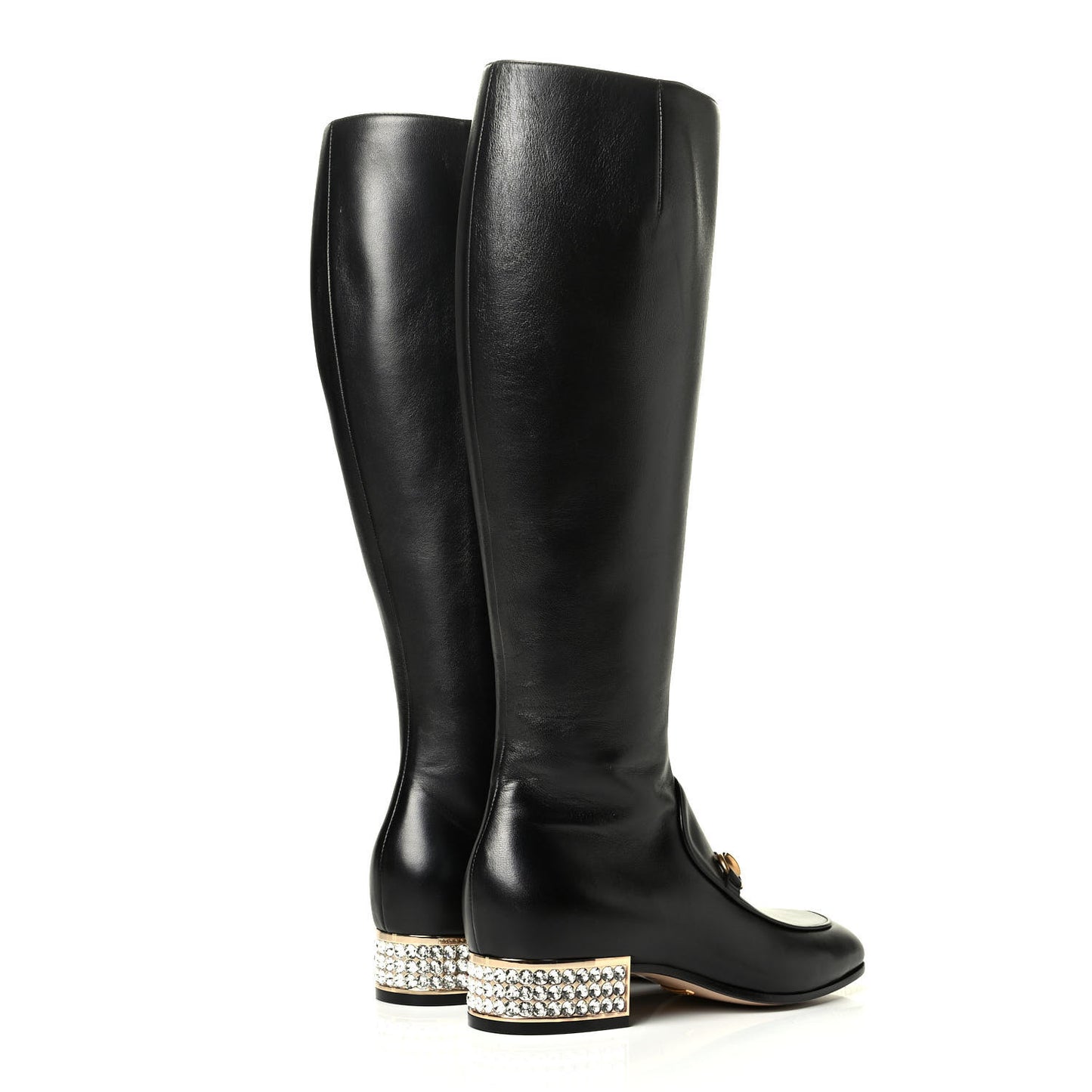 Calfskin Knee High Horsebit Crystal Heel Boots 35 Black
