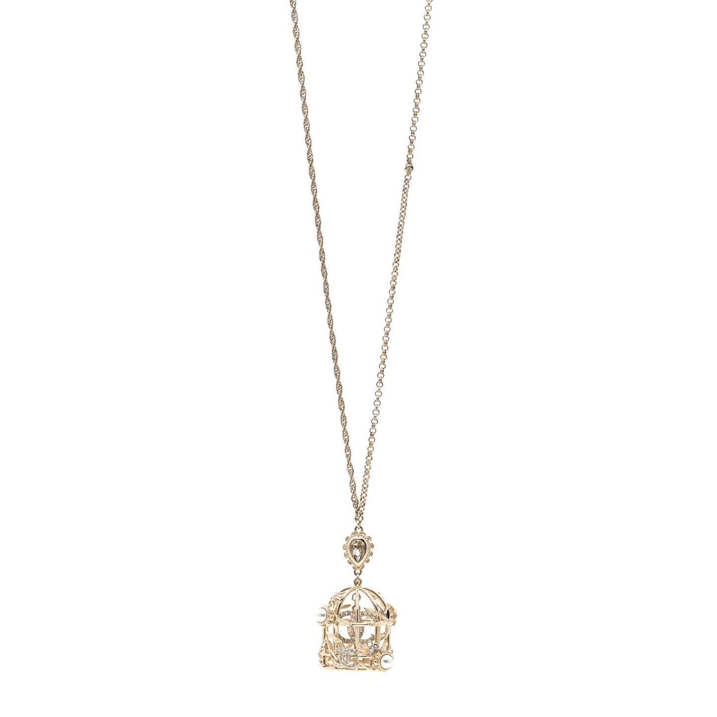Metal Crystal Logo Bird Cage Necklace Gold