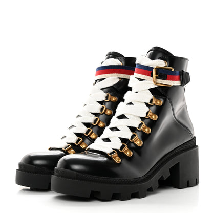 Gucci Calfskin Sylvie Web Womens Lace Up Combat Boots 36.5 Black 3 of 10