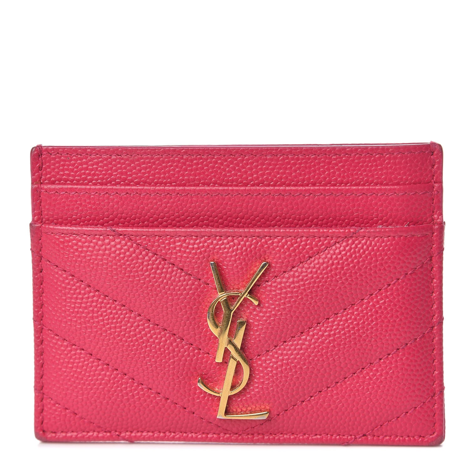 Saint Laurent Grain De Poudre Matelasse Chevron Monogram Credit Card Case Fresh Fuxia 1 of 13
