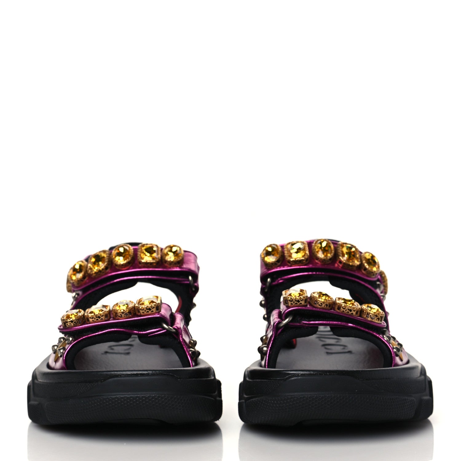 Gucci Nappa Mesh Crystal Embellished Studded Womens Aguru Sandals 36.5 Pink Black 2 of 8