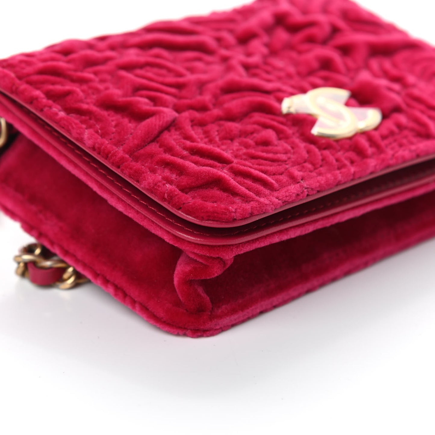 Velvet Quilted Camellia Velvet Flap Coin Purse With Chain Fuchsia