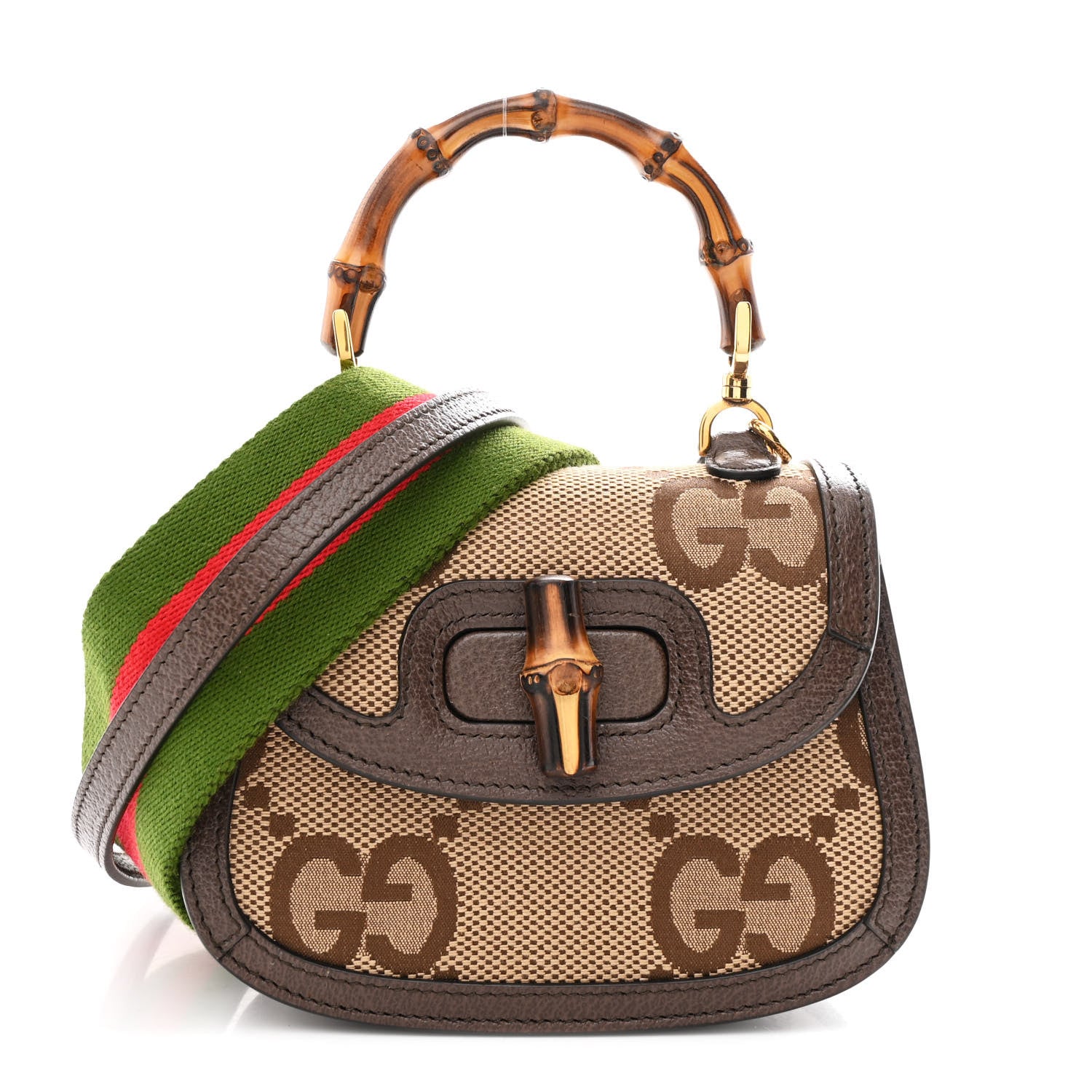 Gucci Monogram Jumbo GG Textured Dollar Calfskin Web Mini Bamboo 1947 Top Handle Bag Camel Ebony New Acero 1 of 10