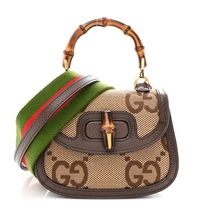 Gucci Monogram Jumbo GG Textured Dollar Calfskin Web Mini Bamboo 1947 Top Handle Bag Camel Ebony New Acero 1 of 10