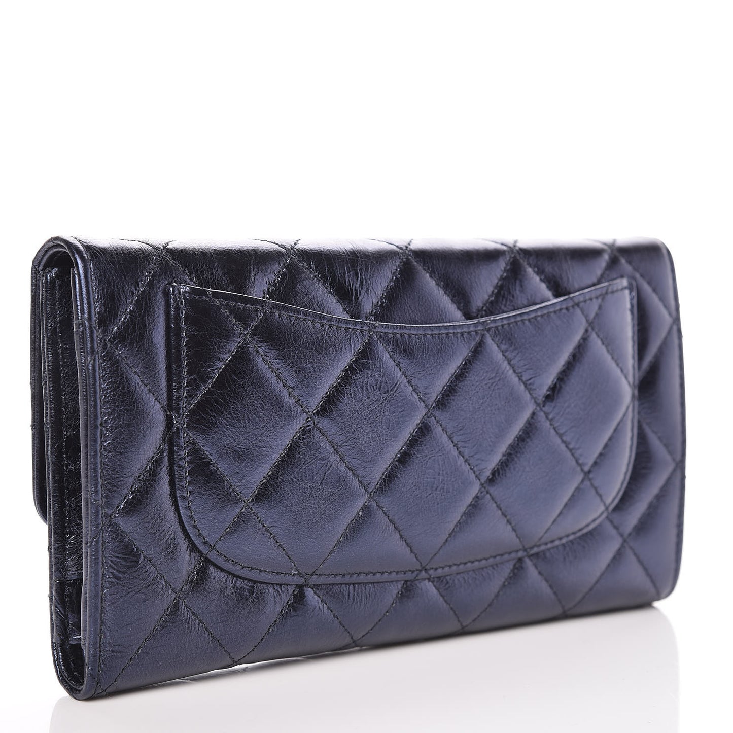 Metallic Aged Calfskin Quilted Reissue Long Flap Wallet Dark Navy Blue