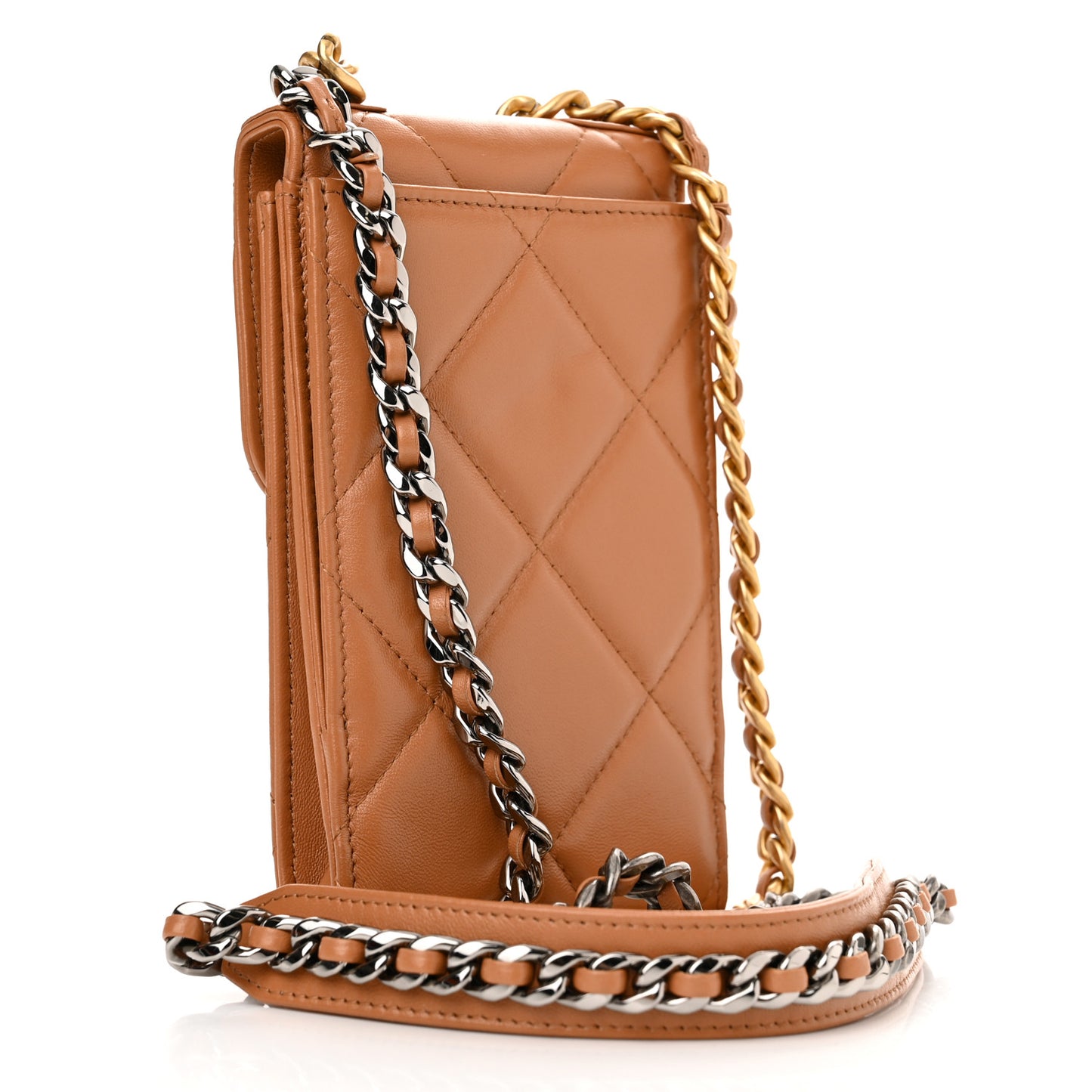Lambskin Quilted Chanel 19 Phone Holder With Chain Brown