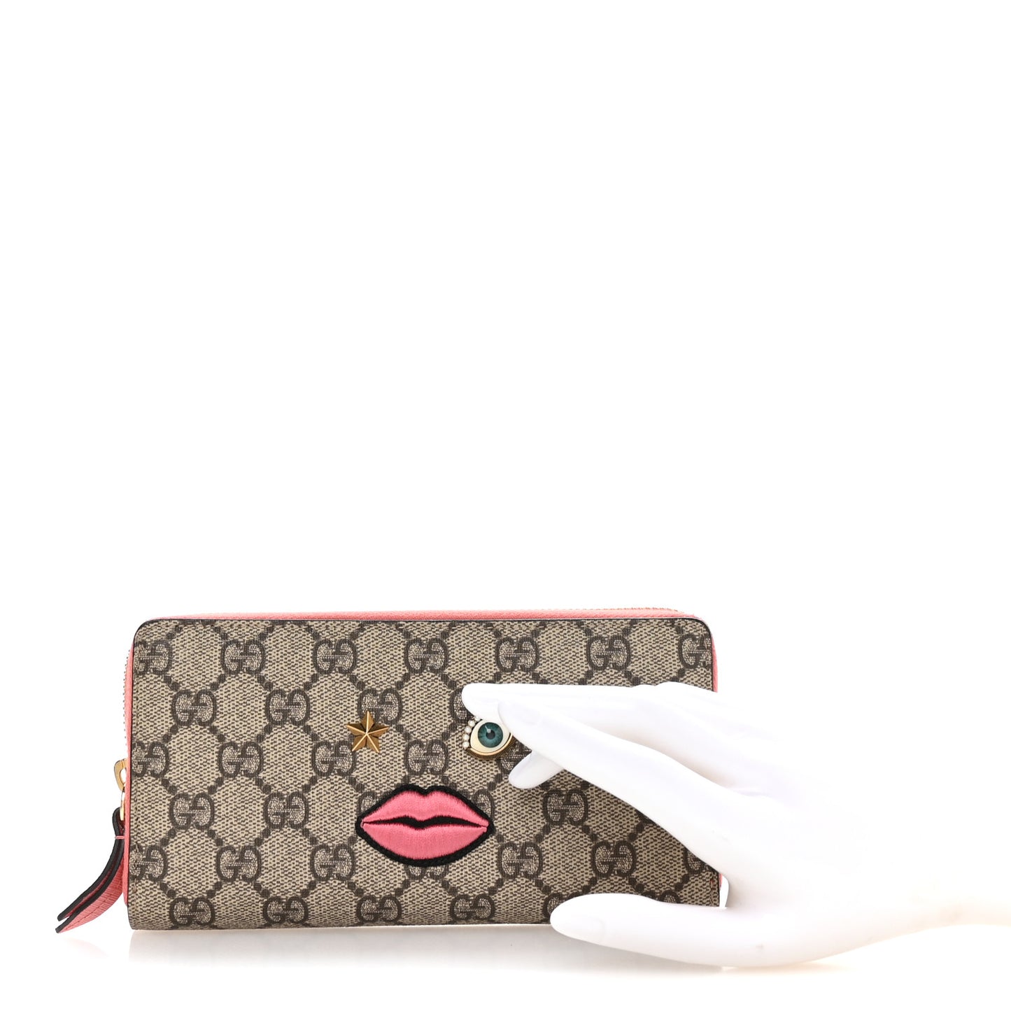 GG Supreme Monogram Embroidered Face Zip Around Wallet Pink
