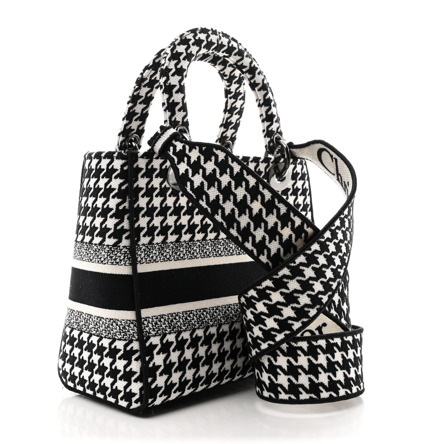 Christian Dior Canvas Houndstooth Embroidered Medium Lady D-Lite Black White 3 of 12