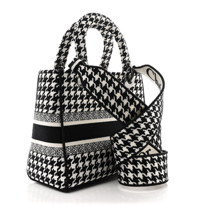 Christian Dior Canvas Houndstooth Embroidered Medium Lady D-Lite Black White 3 of 12
