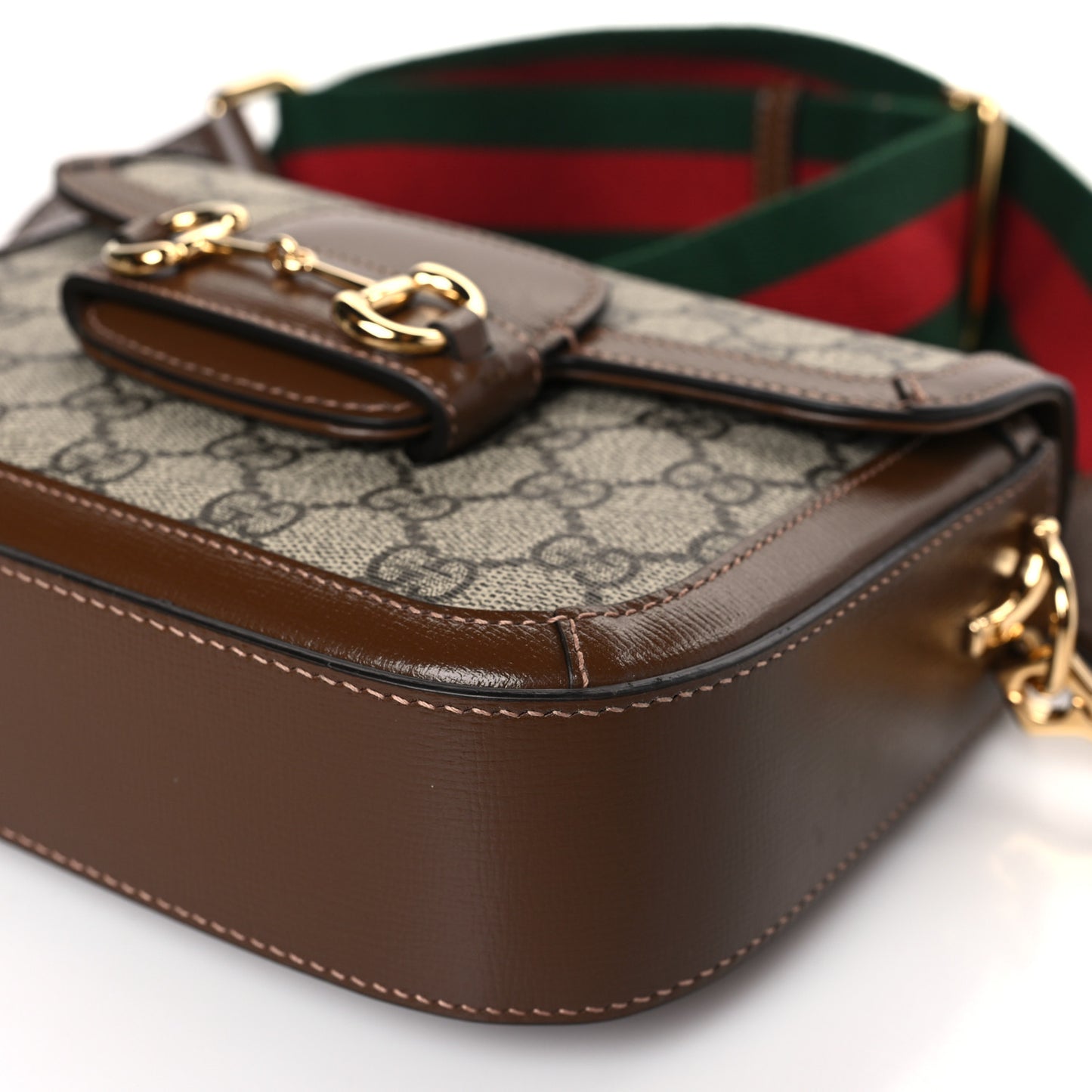 GG Supreme Monogram Azalea Calfskin Web Mini Horsebit 1955 Shoulder Bag Beige Ebony Brown Sugar