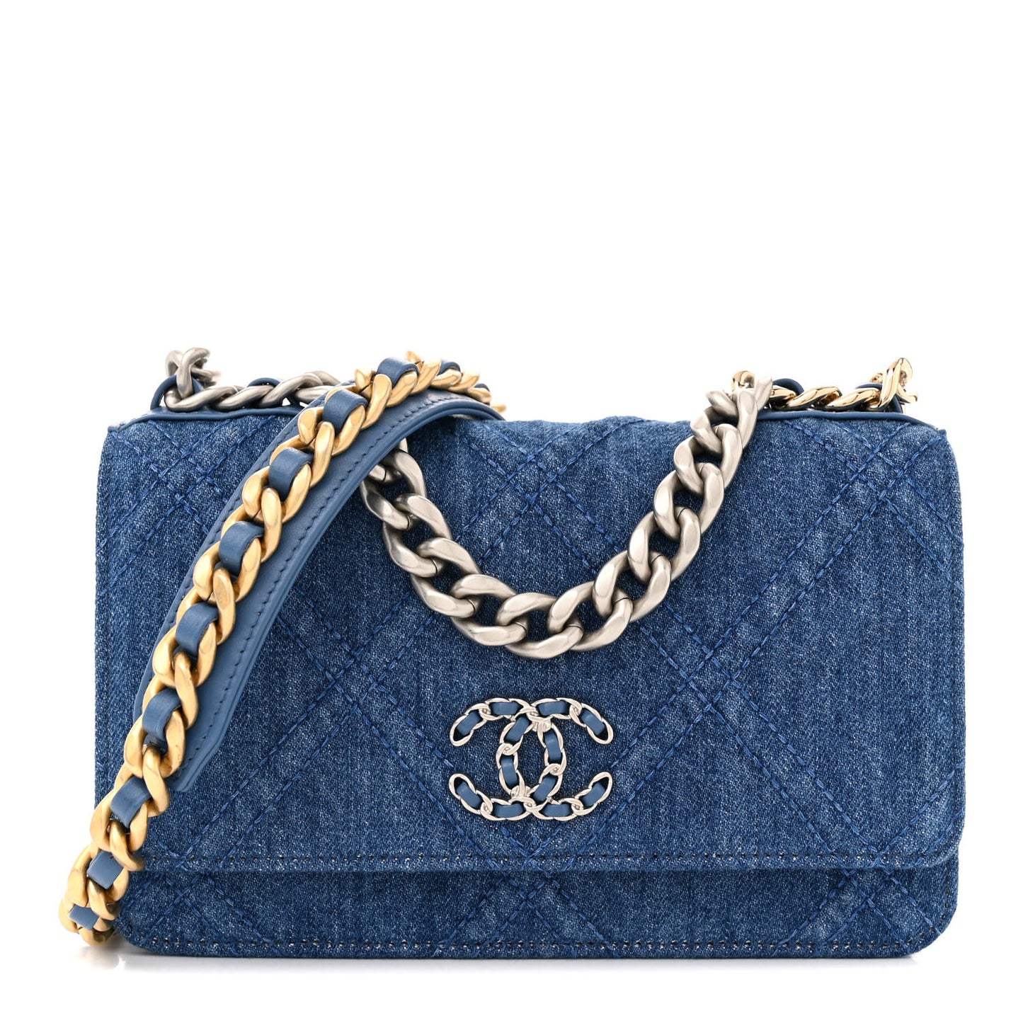 Denim Quilted Chanel 19 Wallet On Chain WOC Blue